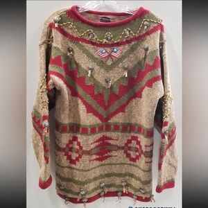 Cambridge Dry Aztec Sweater w/Beads Leather Metal n Flag Embellishments. Size M